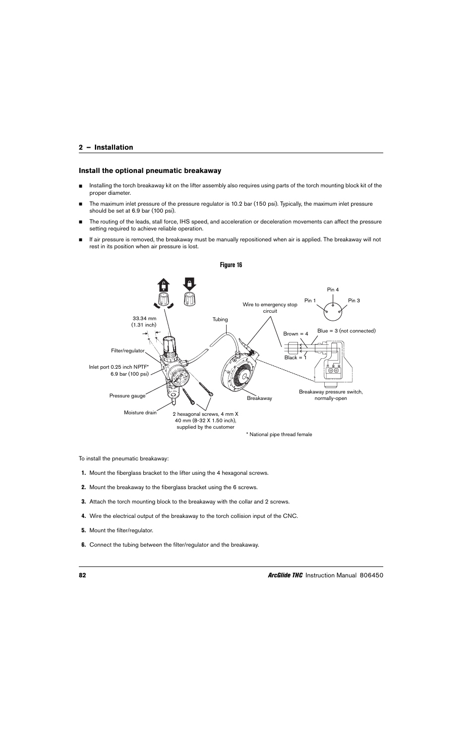Install the optional pneumatic breakaway | Hypertherm THC ArcGlide User Manual | Page 82 / 288