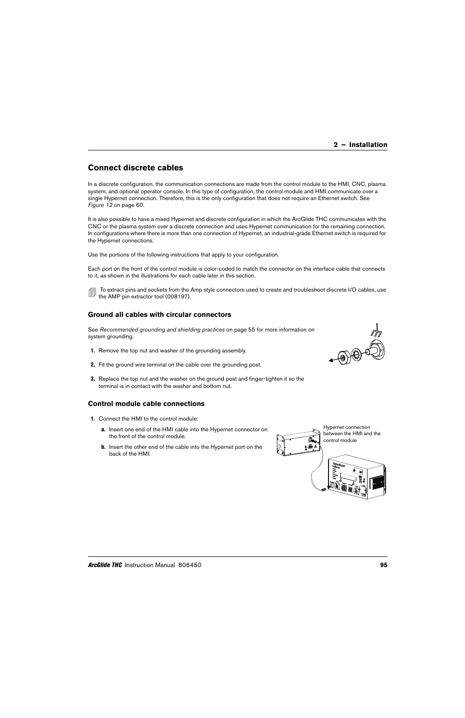 Connect discrete cables, Ground all cables with circular connectors, Control module cable connections | Hypertherm THC ArcGlide User Manual | Page 95 / 288