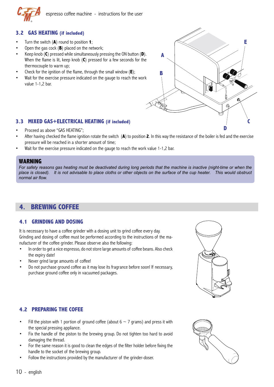 Brewing coffee, Warning | Cecilware VAE-J1 User Manual | Page 10 / 24
