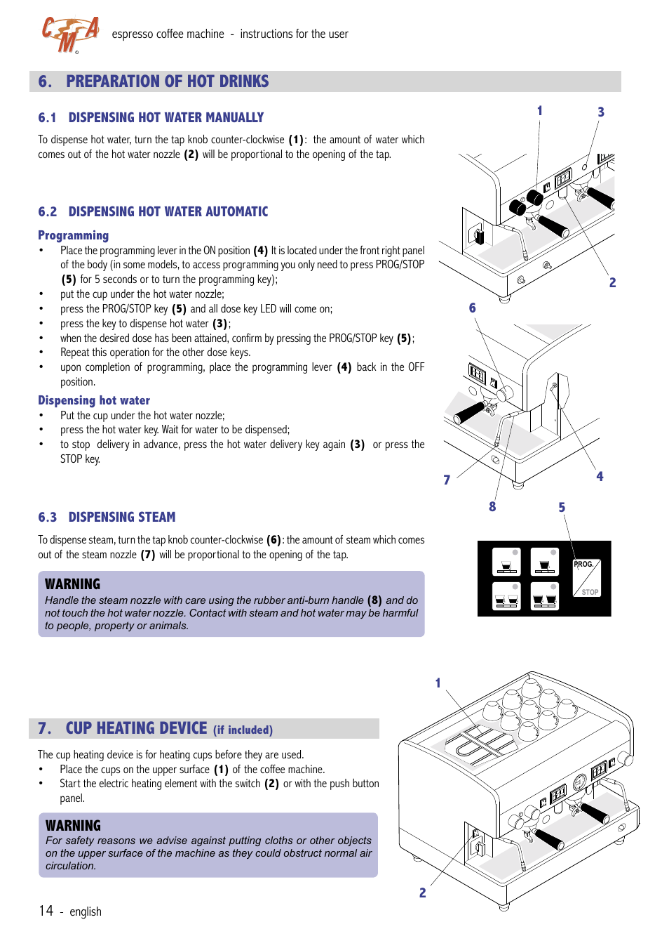 Preparation of hot drinks, Cup heating device, Warning | Cecilware VAE-J1 User Manual | Page 14 / 24