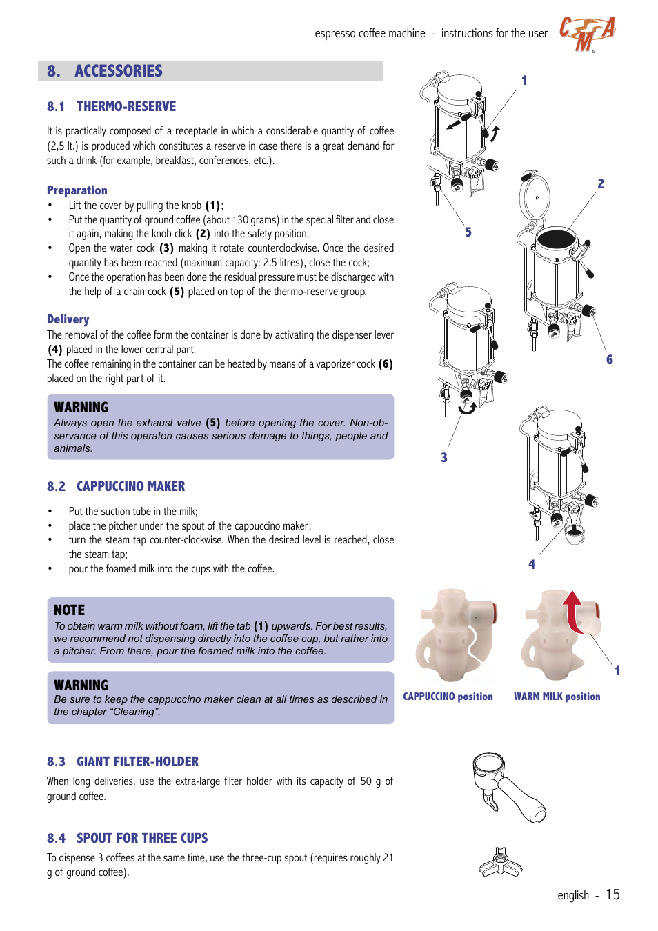 Accessories, Warning | Cecilware VAE-J1 User Manual | Page 15 / 24