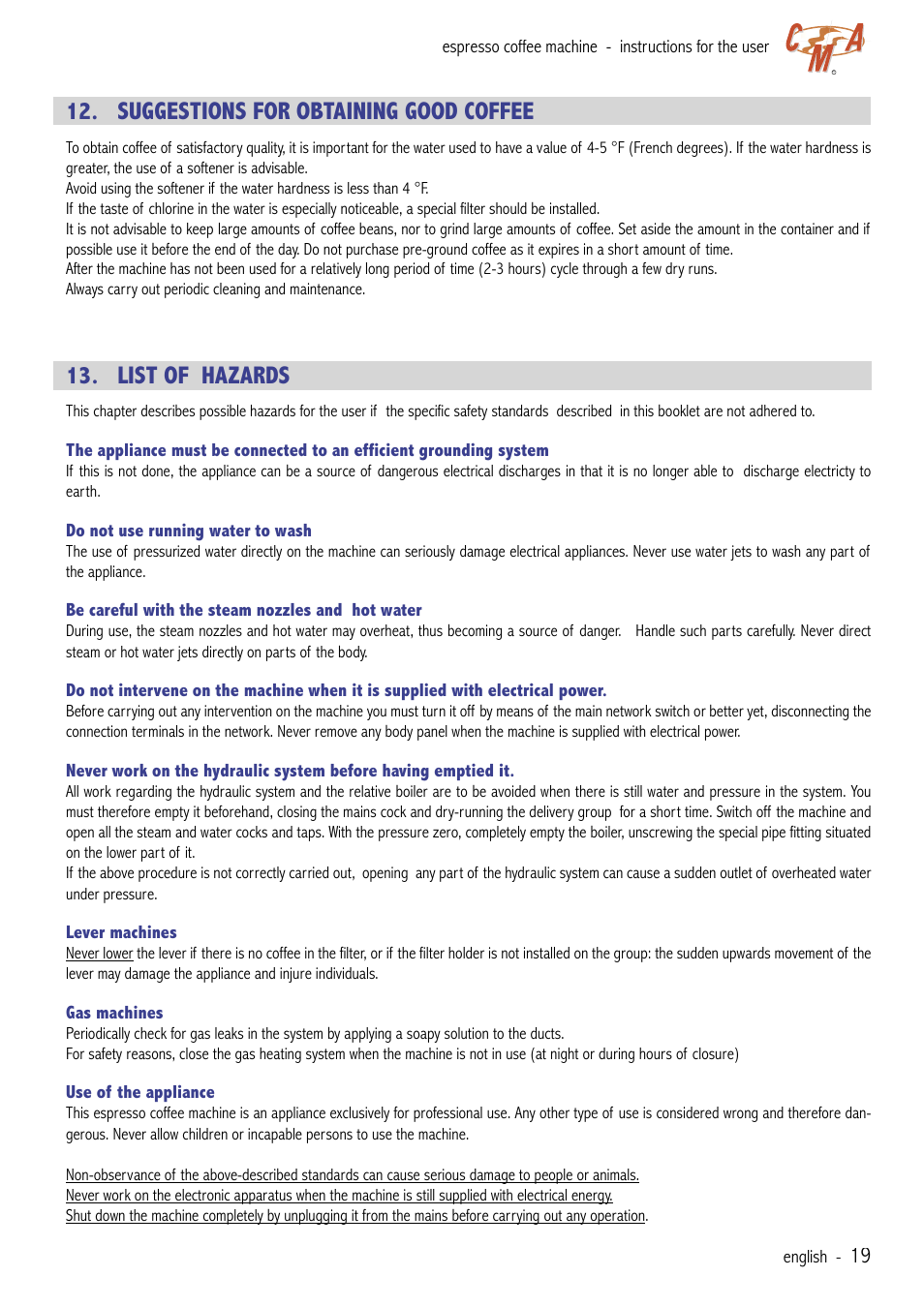 Suggestions for obtaining good coffee, List of hazards | Cecilware VAE-J1 User Manual | Page 19 / 24