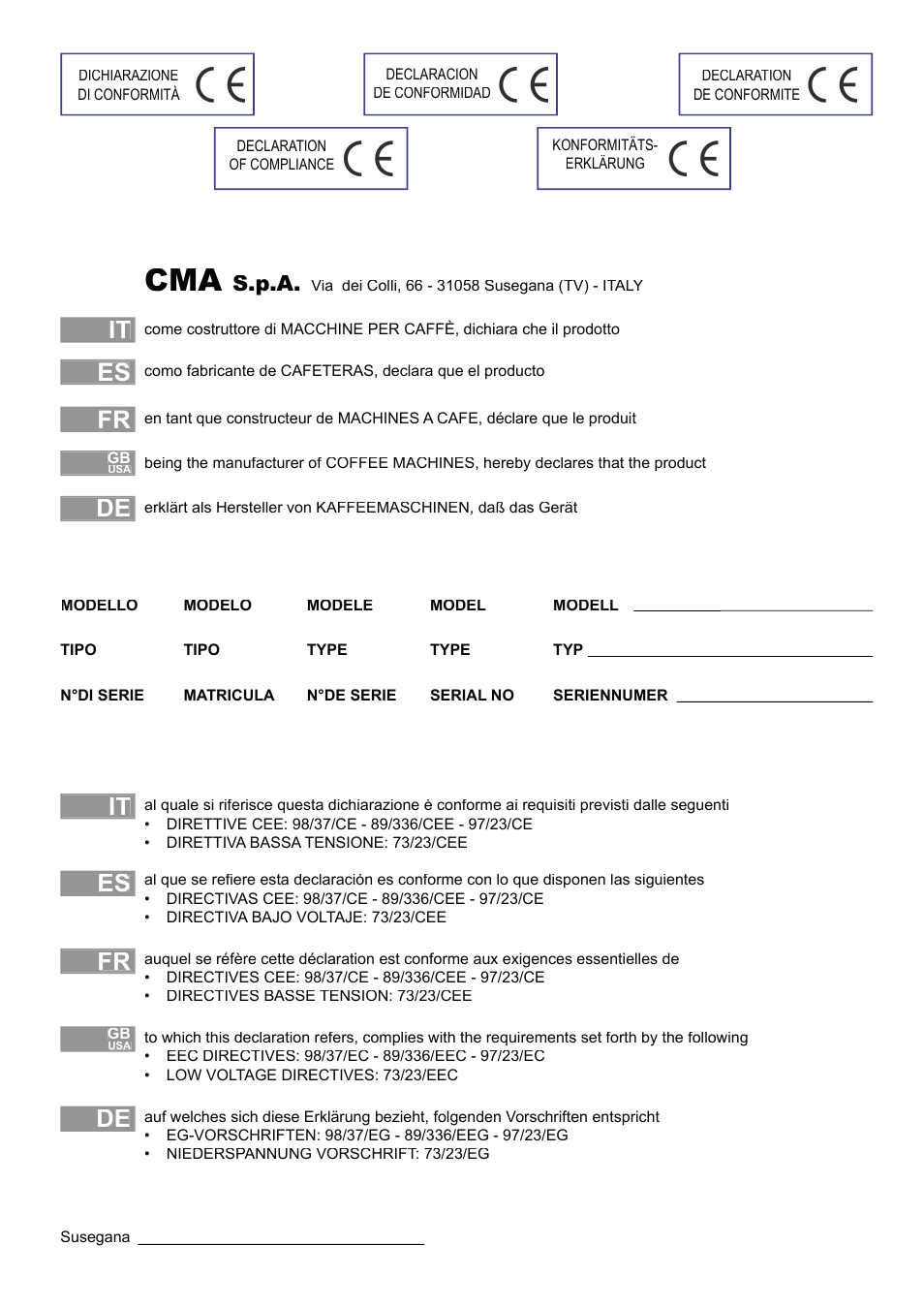 It es fr de, It es fr, S.p.a | Cecilware VAE-J1 User Manual | Page 3 / 24