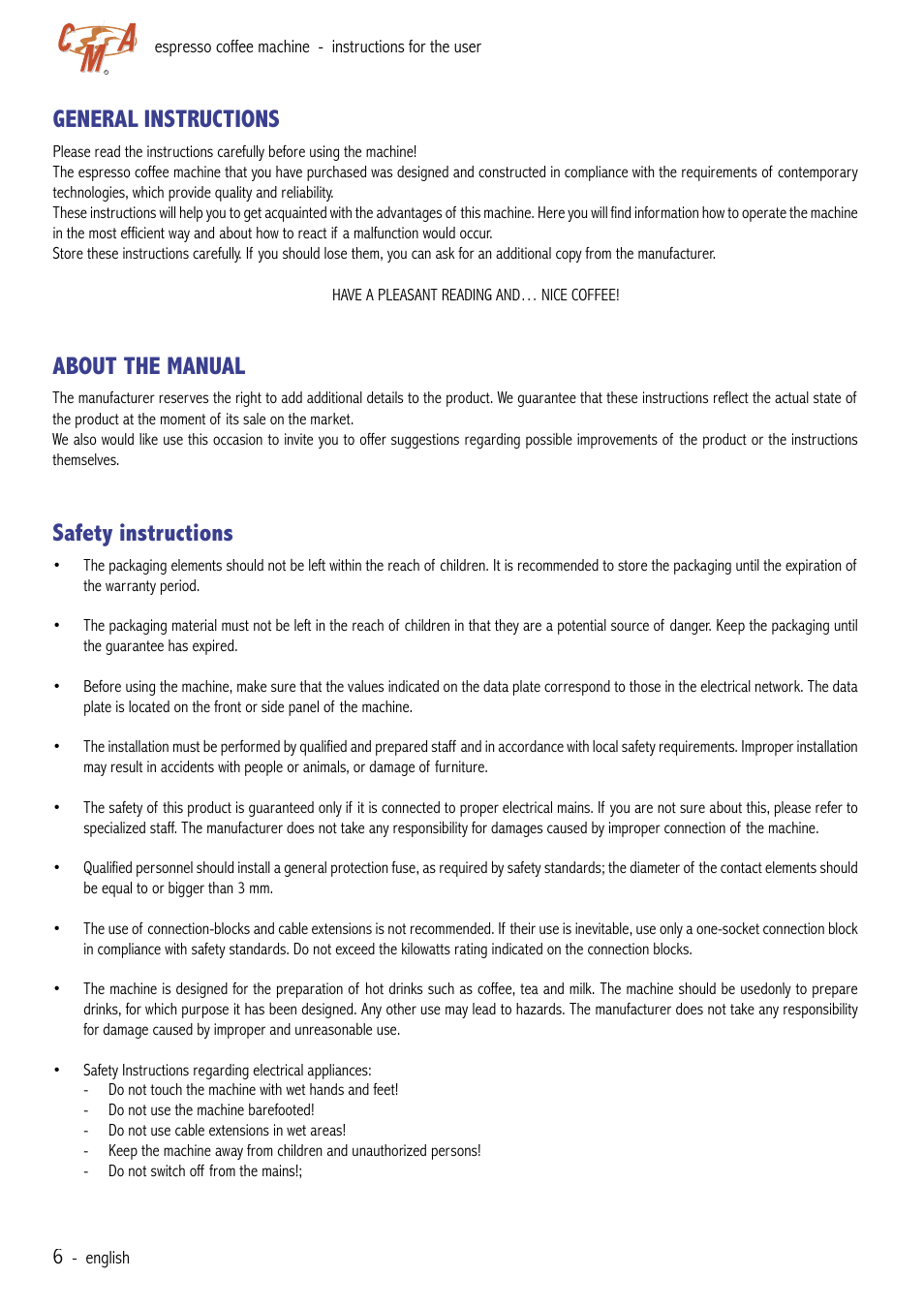 General instructions, About the manual, Safety instructions | Cecilware VAE-J1 User Manual | Page 6 / 24
