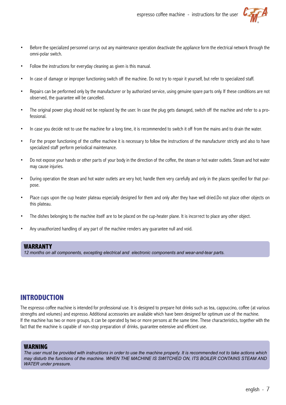 Introduction, Warning, Warranty | Cecilware VAE-J1 User Manual | Page 7 / 24