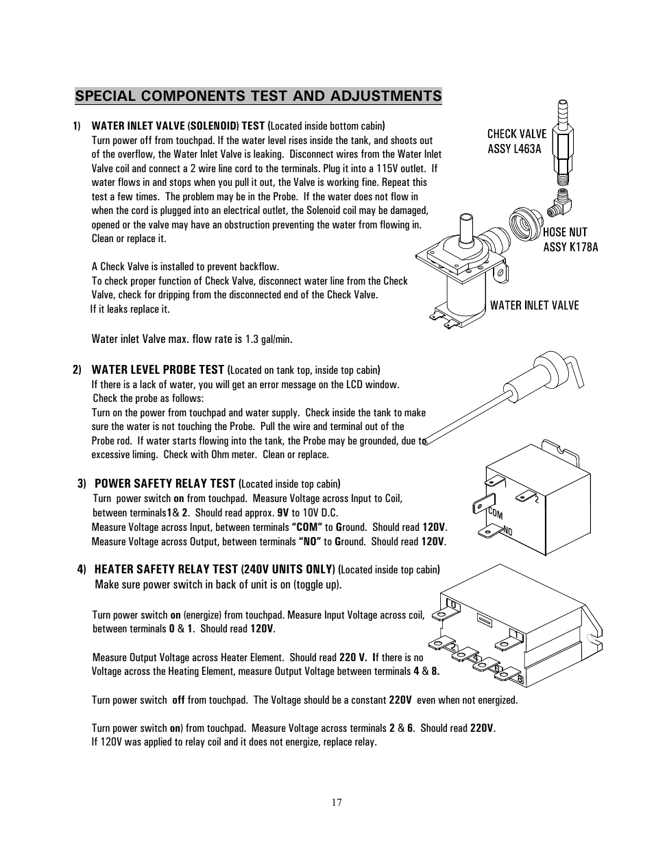 Special components test and adjustments | Cecilware C-2003G-IT User Manual | Page 17 / 19