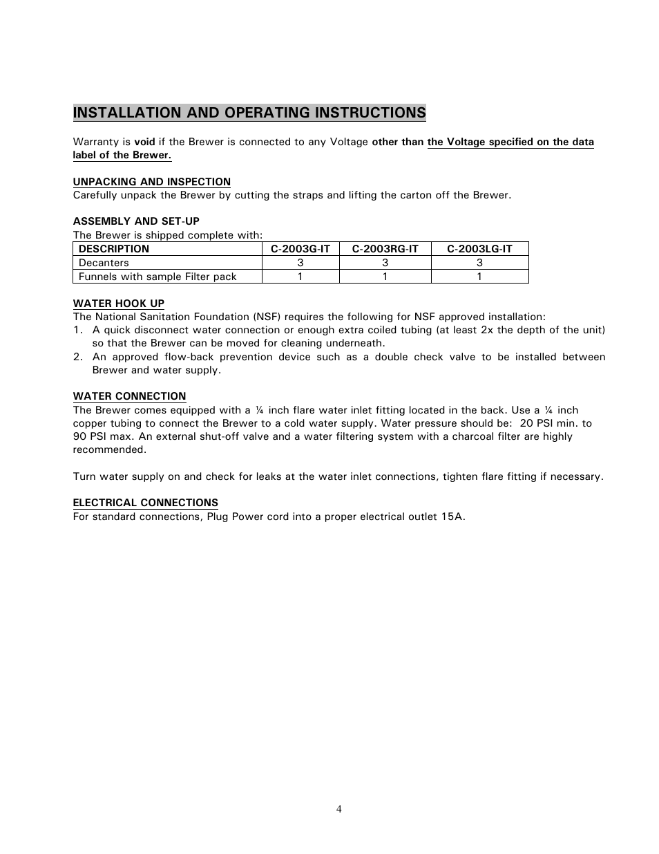 Installation and operating instructions | Cecilware C-2003G-IT User Manual | Page 4 / 19