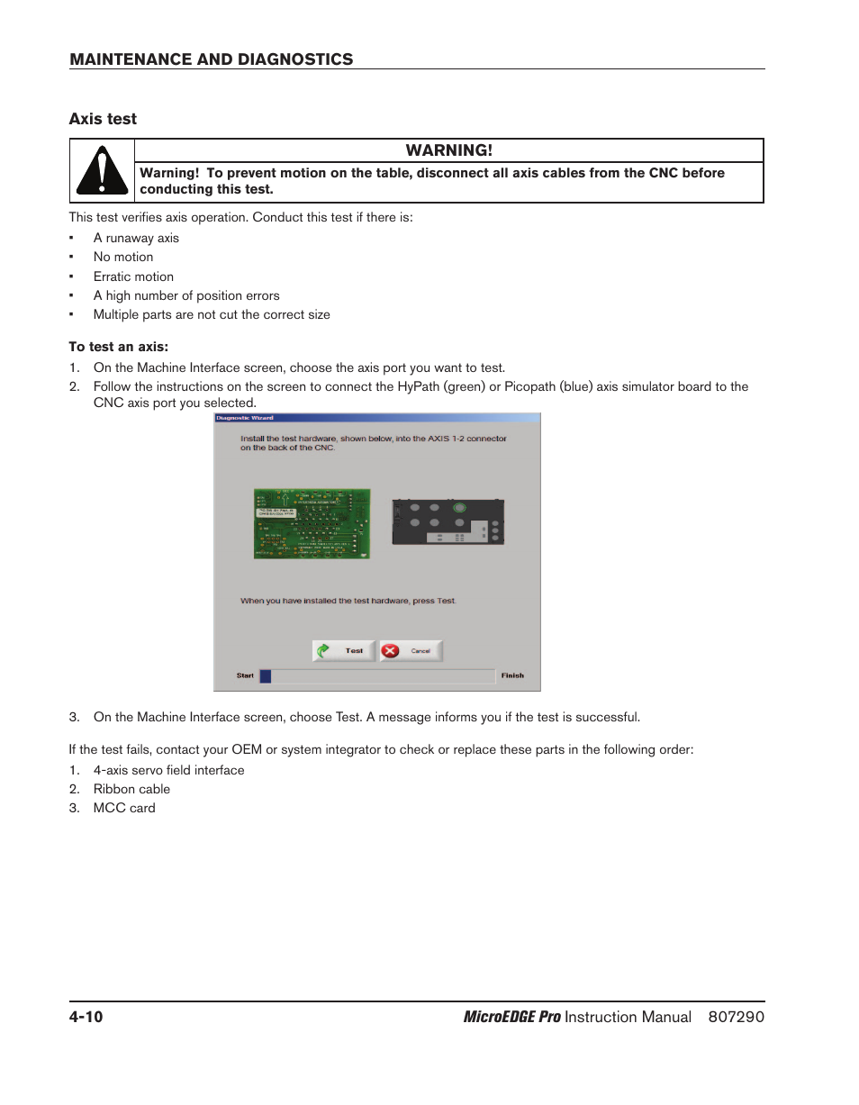 Axis test, Axis test -10 | Hypertherm MicroEDGE Pro Shape Cutting Control Rev.2 User Manual | Page 106 / 182