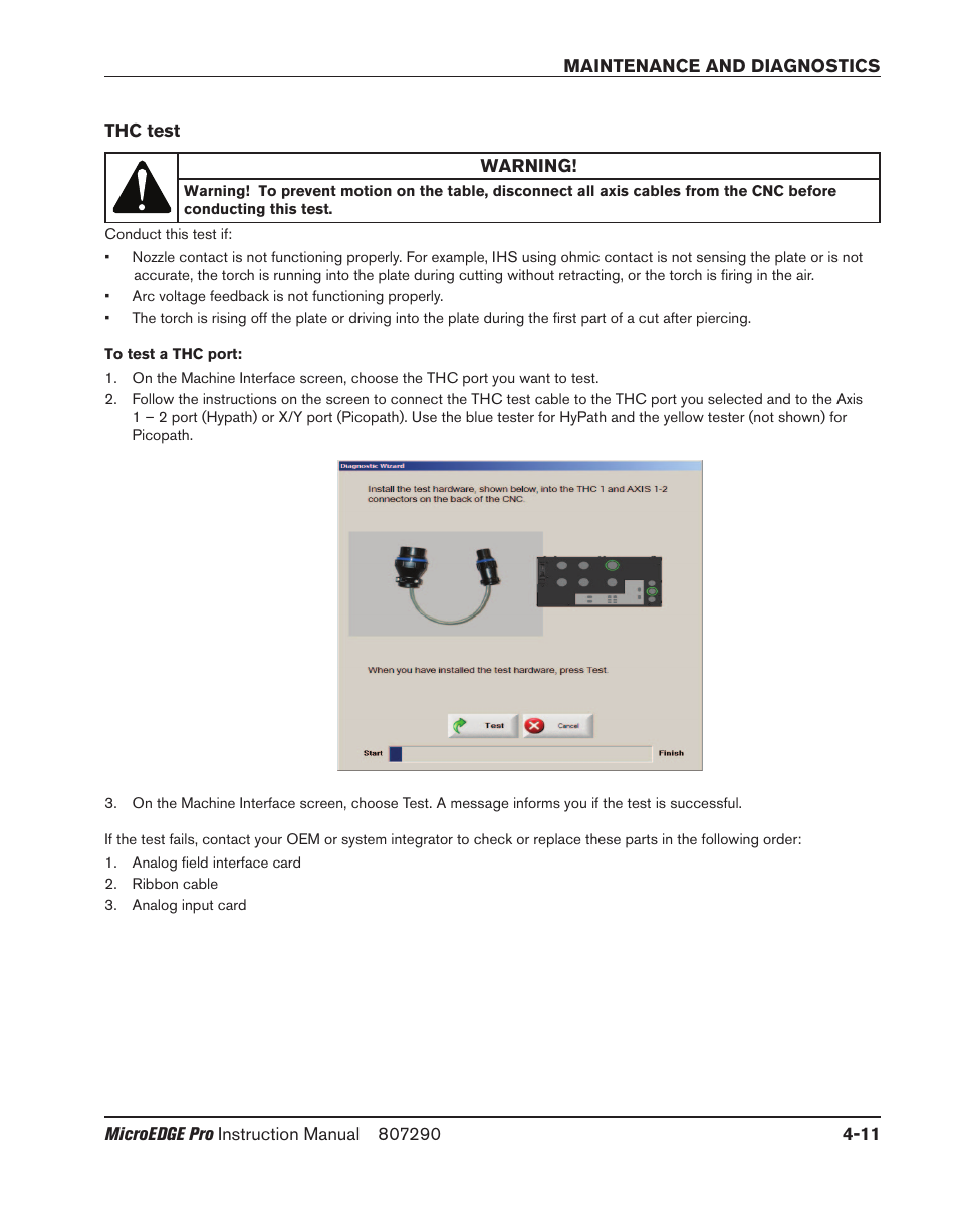 Thc test, Thc test -11 | Hypertherm MicroEDGE Pro Shape Cutting Control Rev.2 User Manual | Page 107 / 182