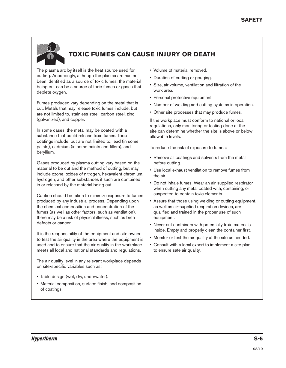 Toxic fumes can cause injury or death | Hypertherm MicroEDGE Pro Shape Cutting Control Rev.2 User Manual | Page 15 / 182