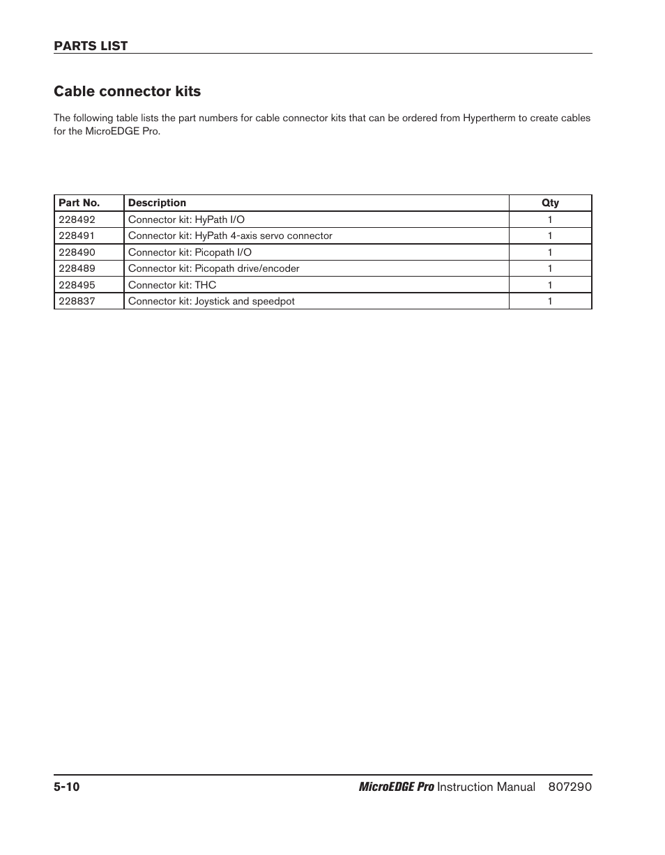 Cable connector kits, Cable connector kits -10 | Hypertherm MicroEDGE Pro Shape Cutting Control Rev.2 User Manual | Page 158 / 182
