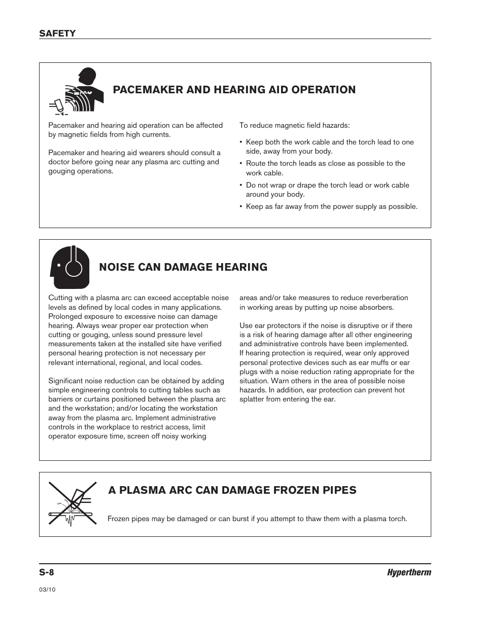 Noise can damage hearing, Pacemaker and hearing aid operation, A plasma arc can damage frozen pipes | Hypertherm MicroEDGE Pro Shape Cutting Control Rev.2 User Manual | Page 18 / 182