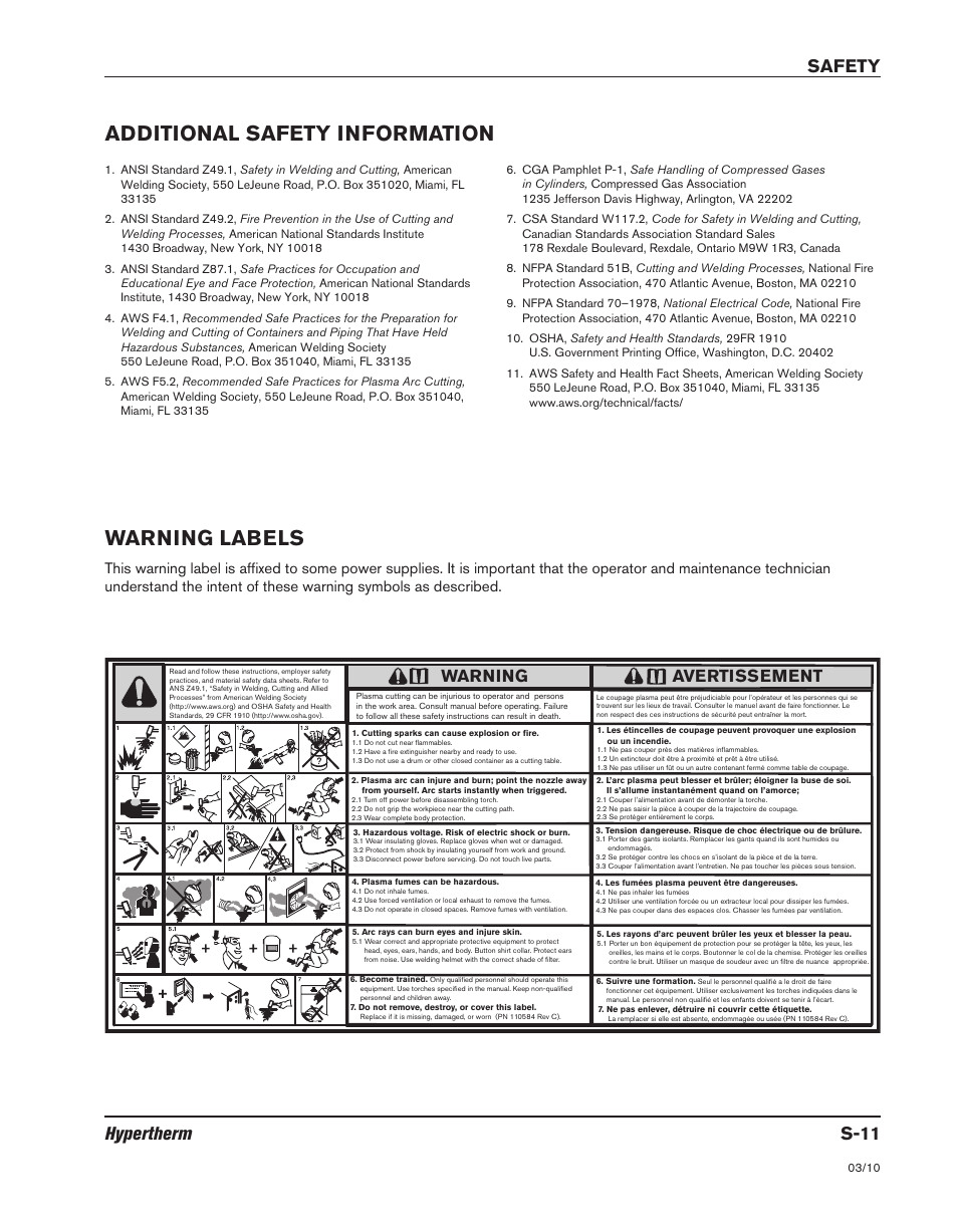 Additional safety information, Warning labels, Additional safety information warning labels | Hypertherm s-11 safety, Warning, Avertissement | Hypertherm MicroEDGE Pro Shape Cutting Control Rev.2 User Manual | Page 21 / 182