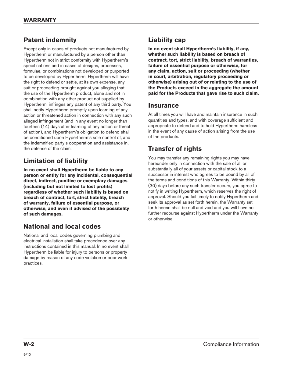 Patent indemnity, Limitation of liability, National and local codes | Liability cap, Insurance, Transfer of rights | Hypertherm MicroEDGE Pro Shape Cutting Control Rev.2 User Manual | Page 34 / 182