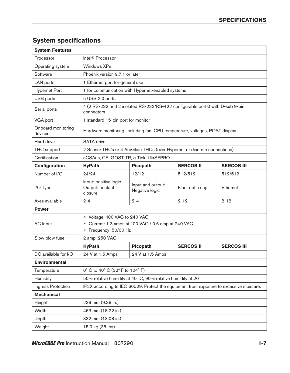 System specifications, System specifications -7 | Hypertherm MicroEDGE Pro Shape Cutting Control Rev.2 User Manual | Page 41 / 182