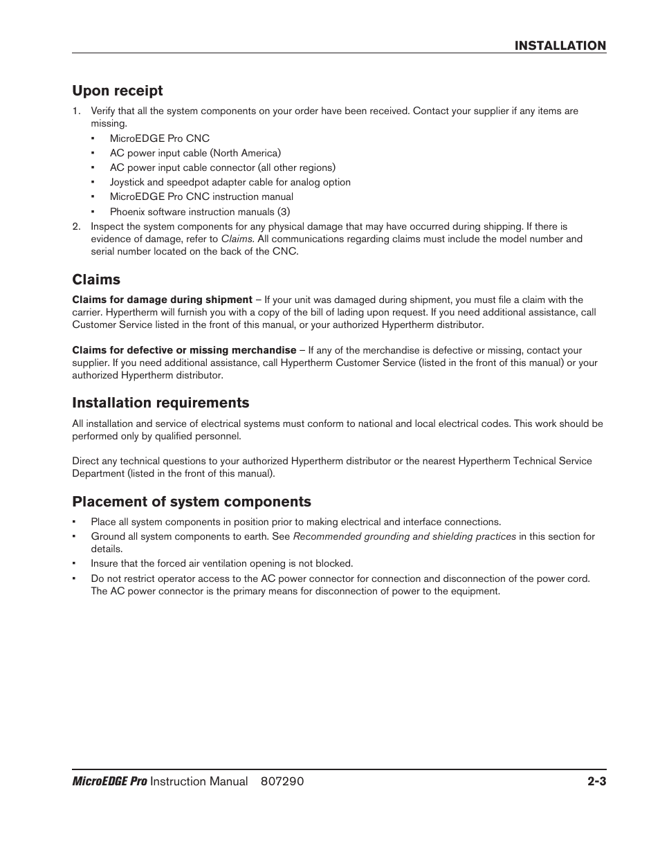 Upon receipt, Claims, Installation requirements | Placement of system components | Hypertherm MicroEDGE Pro Shape Cutting Control Rev.2 User Manual | Page 51 / 182