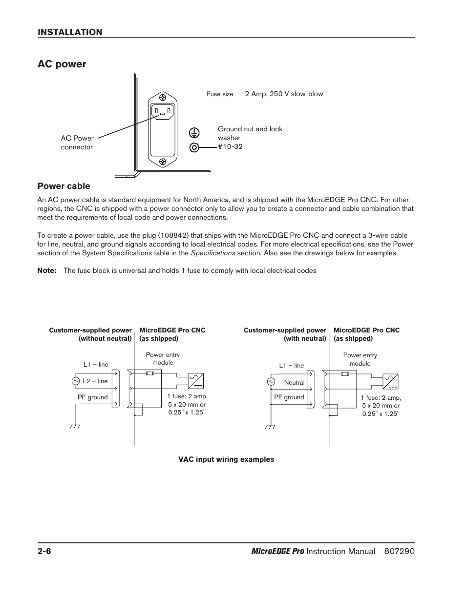 Ac power, Power cable, Ac power -6 | Power cable -6, Installation 2-6 | Hypertherm MicroEDGE Pro Shape Cutting Control Rev.2 User Manual | Page 54 / 182