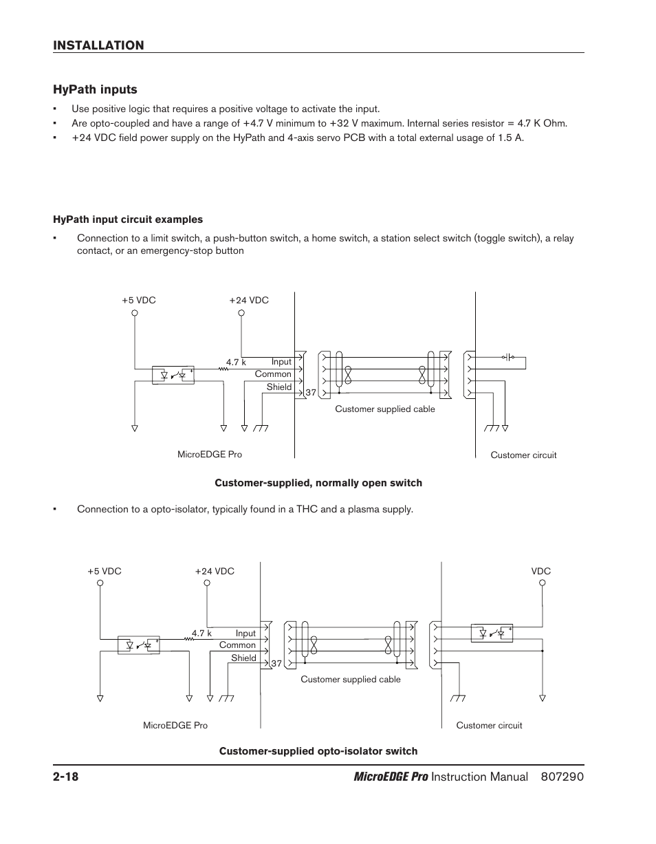 Hypath inputs, Hypath input circuit examples, Hypath inputs -18 | Hypath input circuit examples -18, Installation 2-18 | Hypertherm MicroEDGE Pro Shape Cutting Control Rev.2 User Manual | Page 66 / 182
