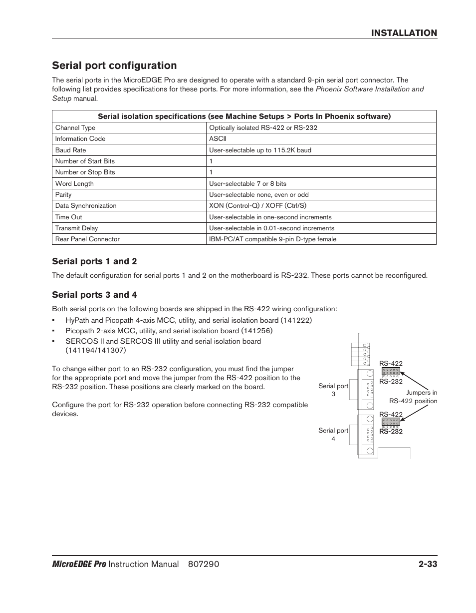 Serial port configuration, Serial ports 1 and 2, Serial ports 3 and 4 | Serial port configuration -33, Serial ports 1 and 2 -33 serial ports 3 and 4 -33 | Hypertherm MicroEDGE Pro Shape Cutting Control Rev.2 User Manual | Page 81 / 182