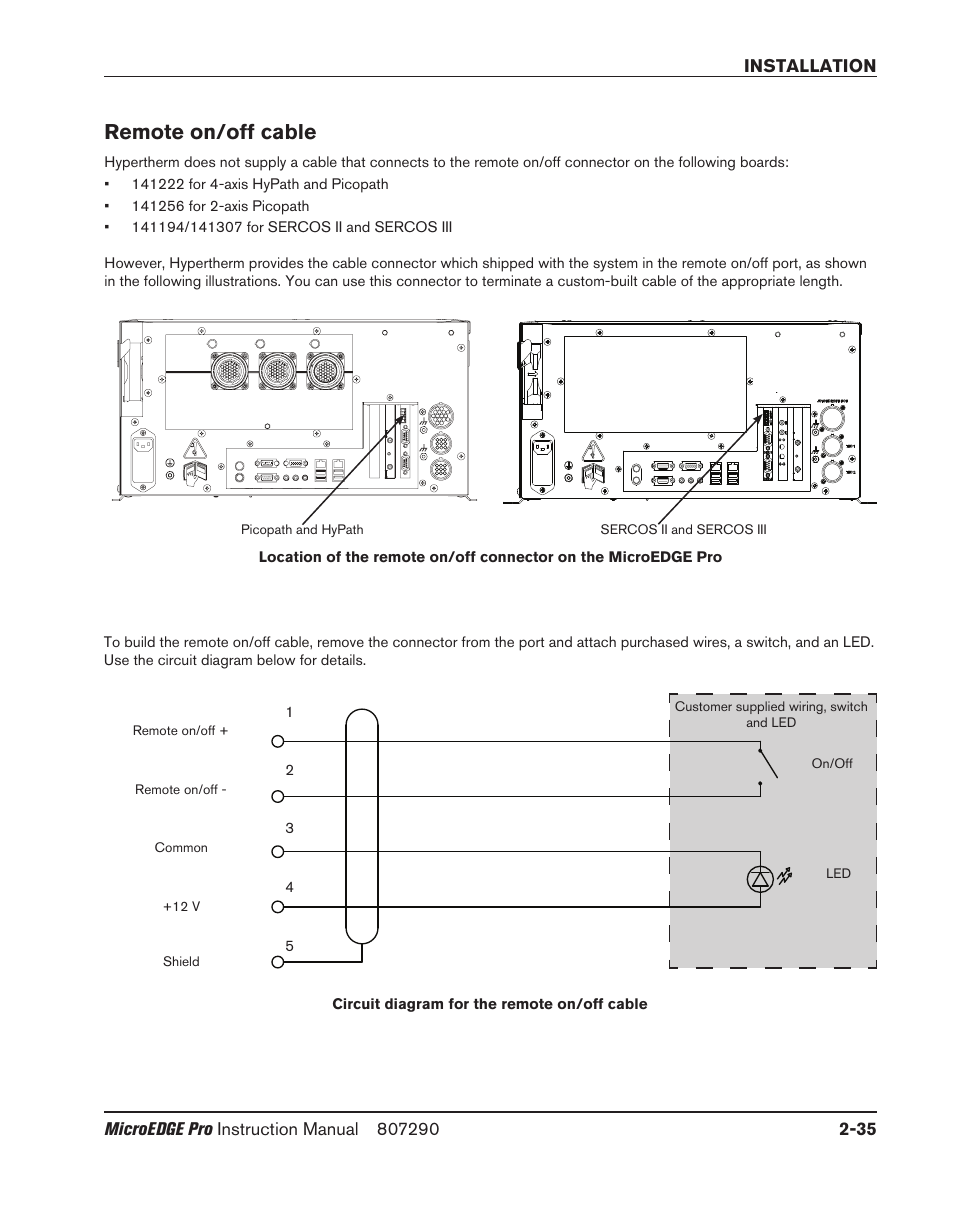 Remote on/off cable, Remote on/off cable -35 | Hypertherm MicroEDGE Pro Shape Cutting Control Rev.2 User Manual | Page 83 / 182