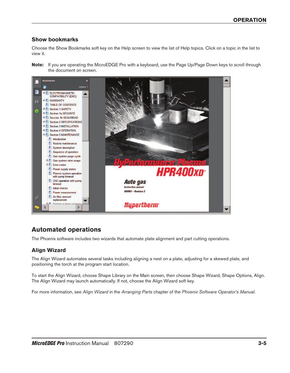 Show bookmarks, Automated operations, Align wizard | Show bookmarks -5, Automated operations -5, Align wizard -5 | Hypertherm MicroEDGE Pro Shape Cutting Control Rev.2 User Manual | Page 93 / 182