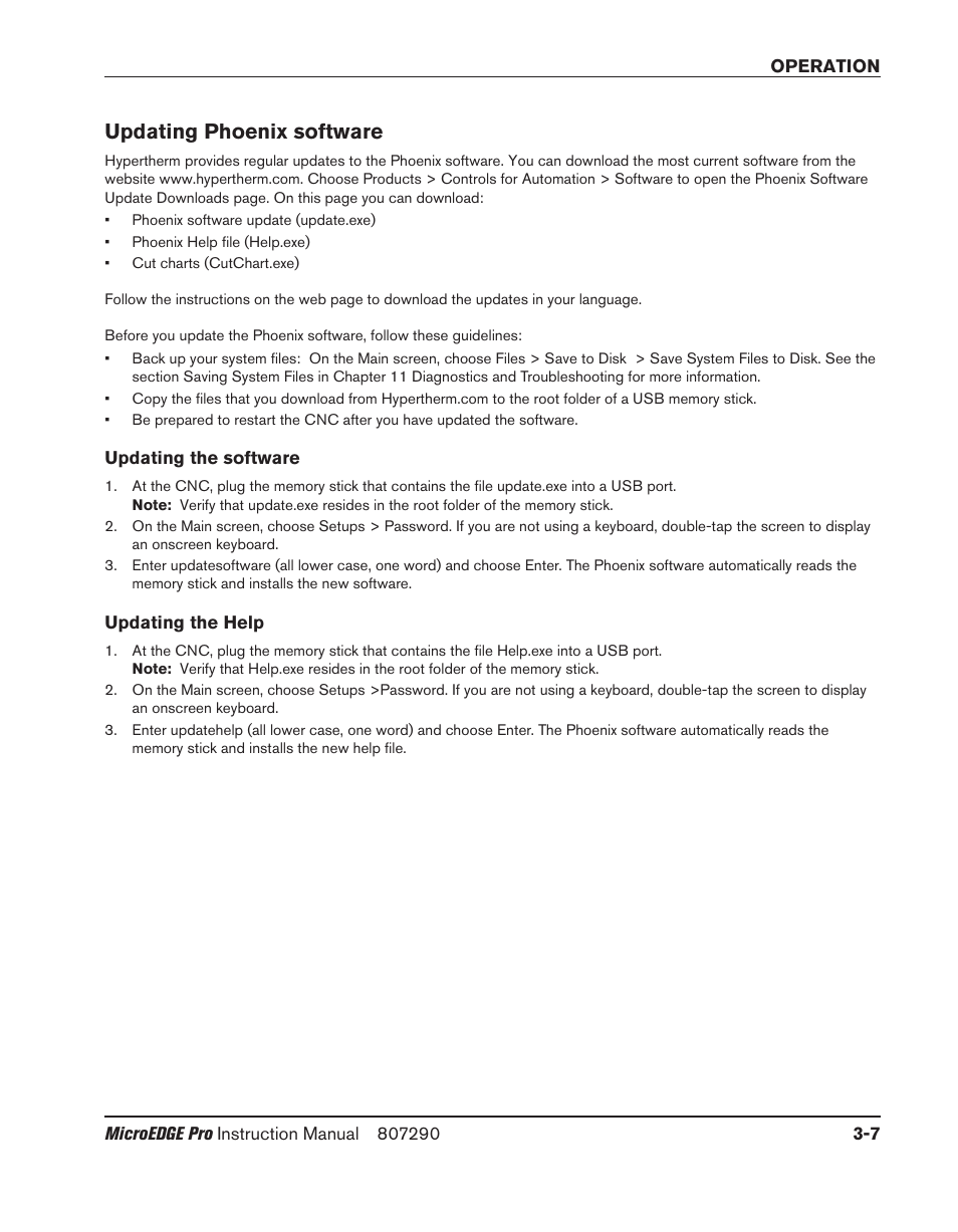 Updating phoenix software, Updating the software, Updating the help | Updating phoenix software -7, Updating the software -7 updating the help -7 | Hypertherm MicroEDGE Pro Shape Cutting Control Rev.2 User Manual | Page 95 / 182