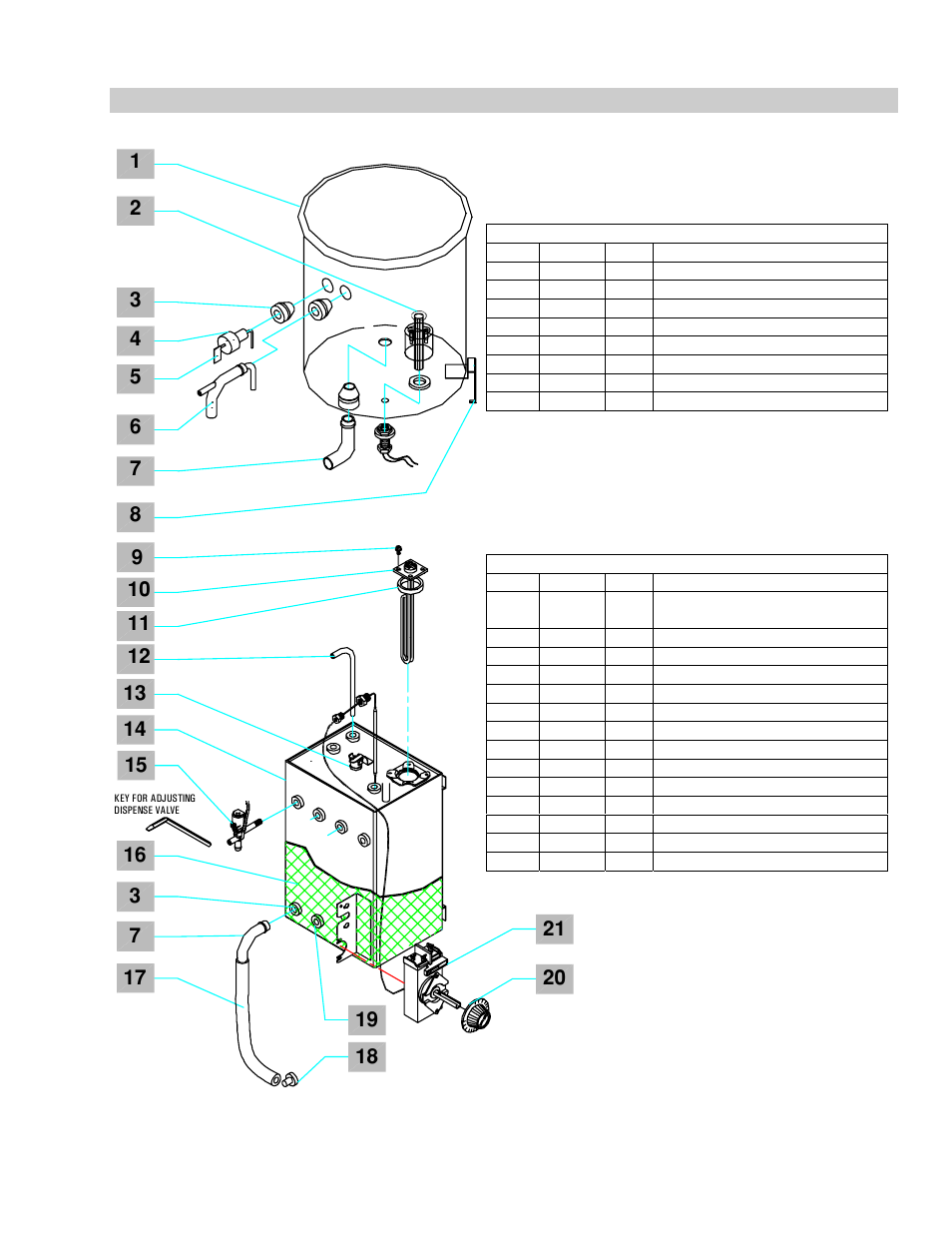 Reservoir and tank assembly, Q174q reservoir assembly, Hot water tank assembly | Cecilware GB1P User Manual | Page 11 / 18