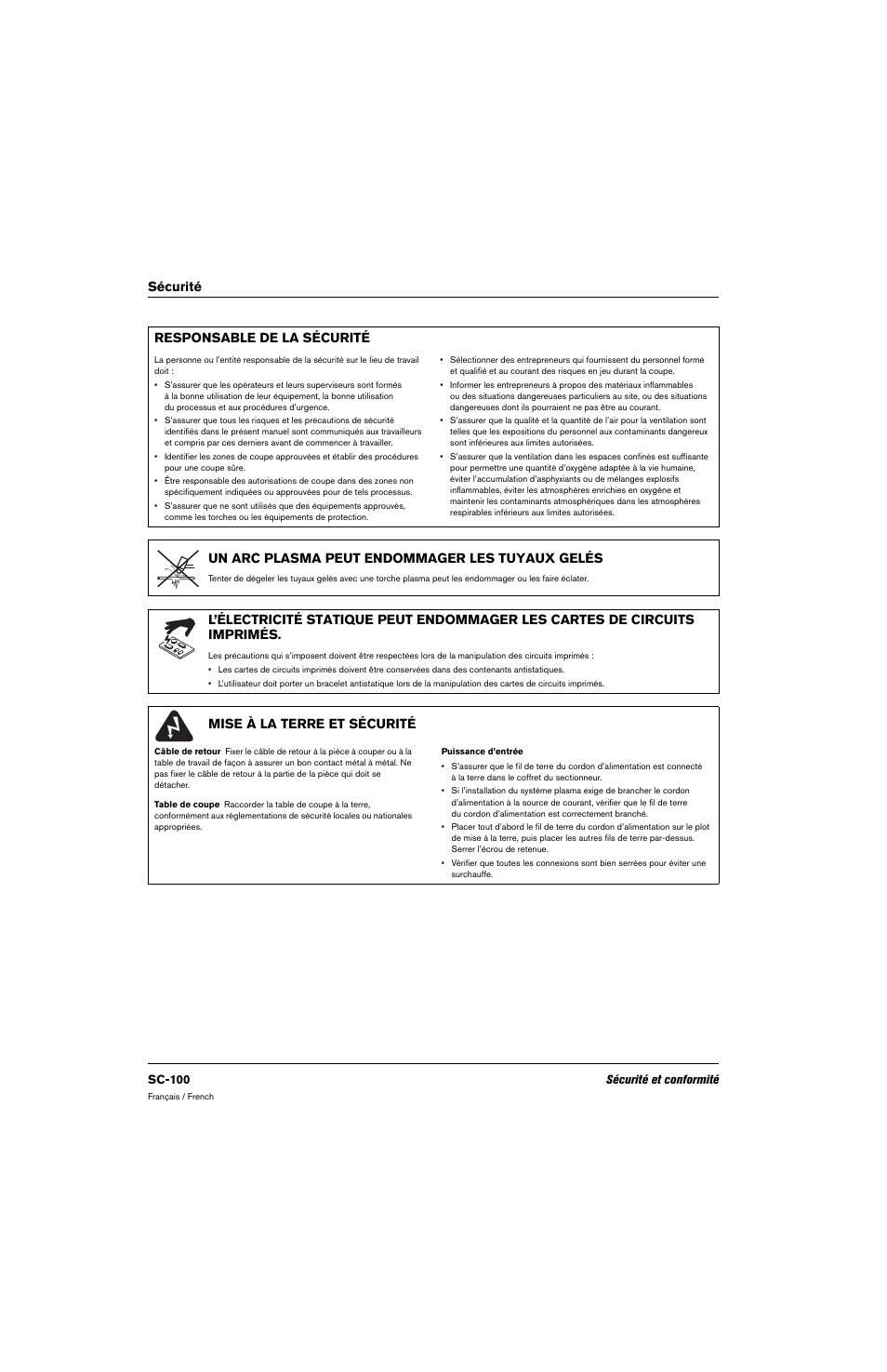 Responsable de la sécurité, Un arc plasma peut endommager les tuyaux gelés, Mise à la terre et sécurité | Sécurité responsable de la sécurité | Hypertherm 80669C Rev.2 User Manual | Page 100 / 304