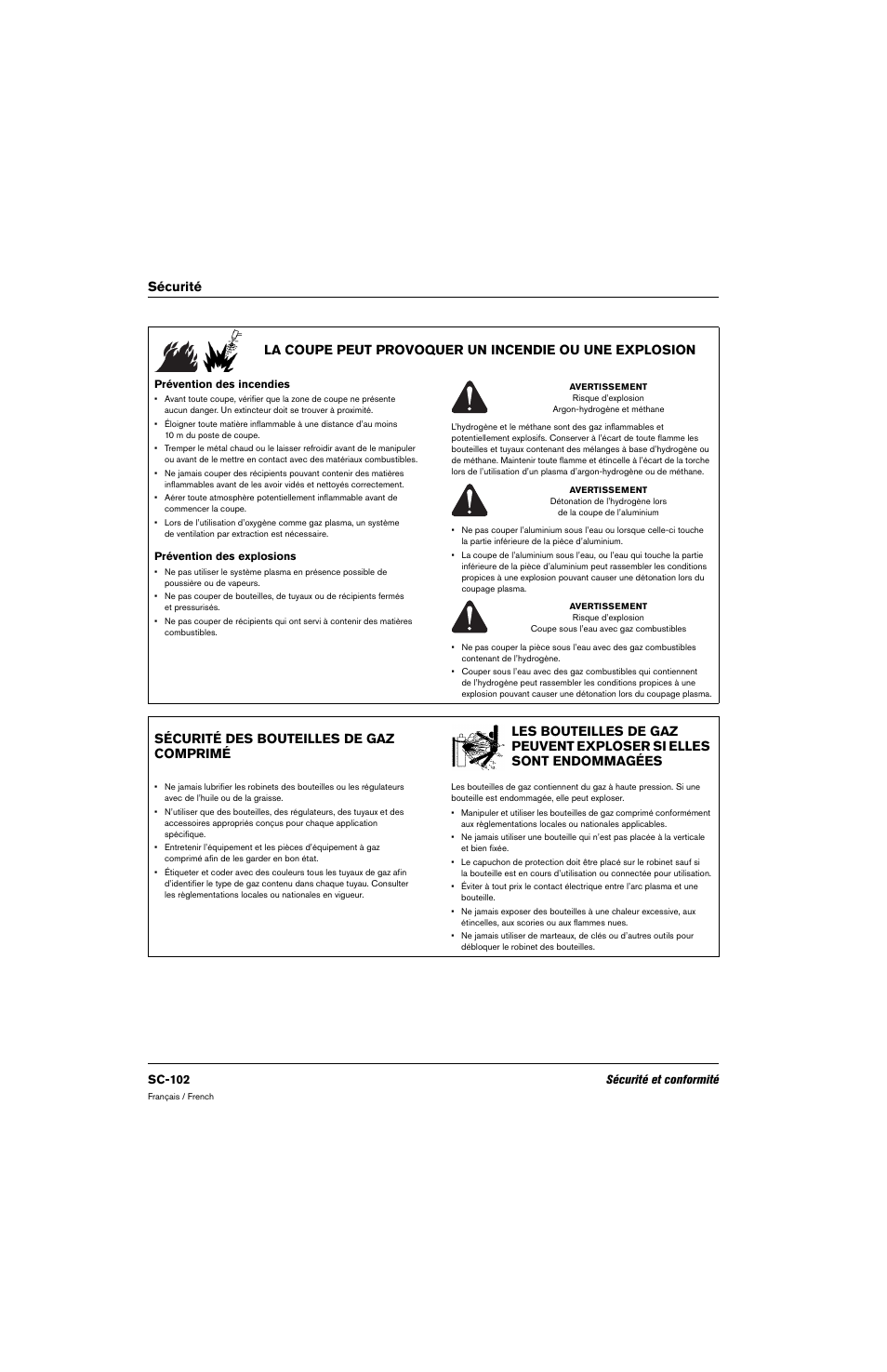 Prévention des incendies, Prévention des explosions, Sécurité des bouteilles de gaz comprimé | Sc-102 sécurité et conformité | Hypertherm 80669C Rev.2 User Manual | Page 102 / 304