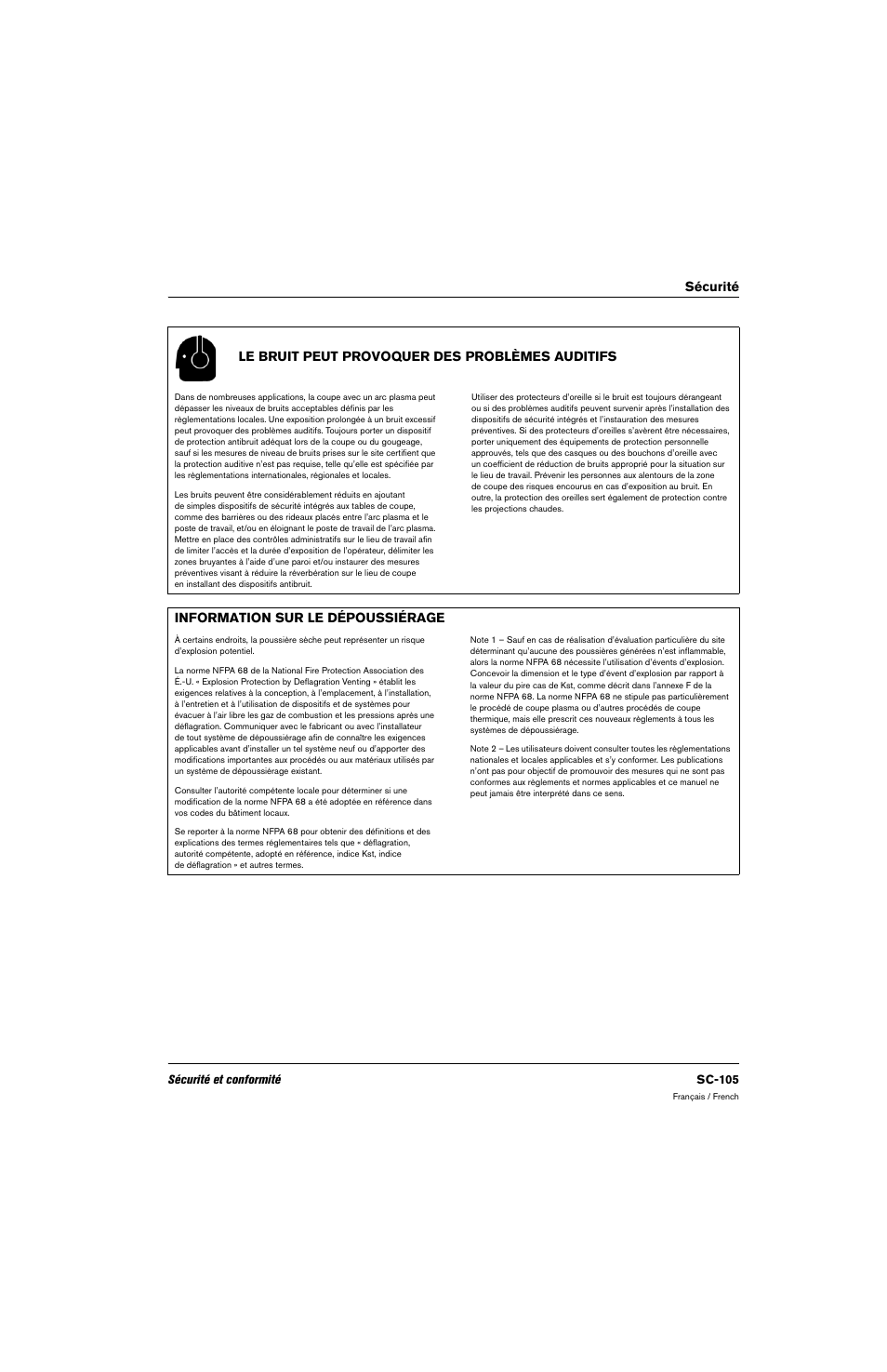 Le bruit peut provoquer des problèmes auditifs, Information sur le dépoussiérage | Hypertherm 80669C Rev.2 User Manual | Page 105 / 304