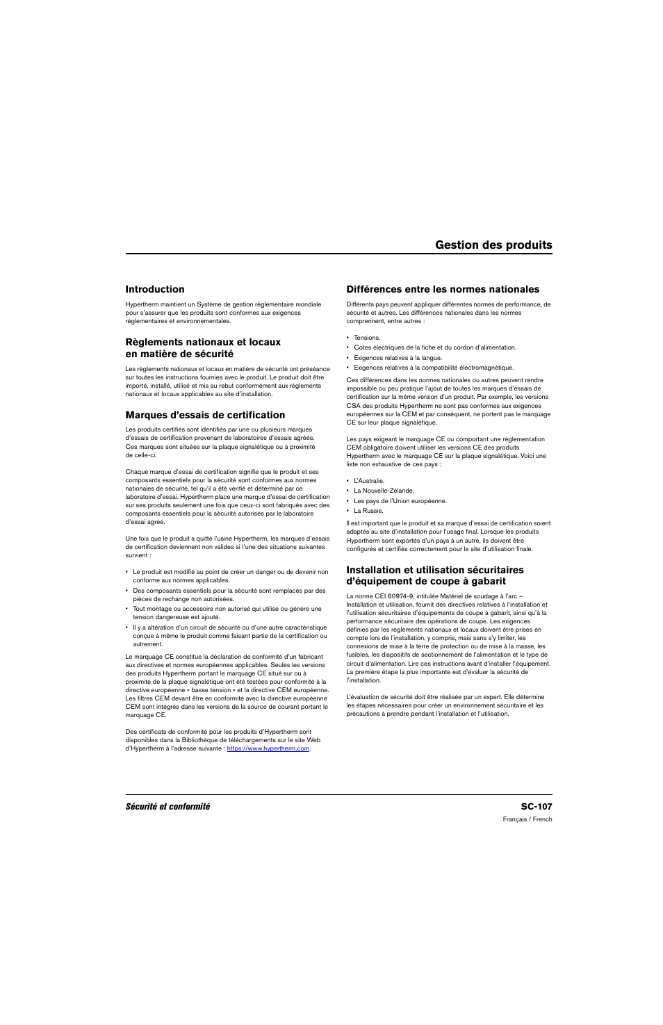 Gestion des produits, Introduction, Marques d’essais de certification | Différences entre les normes nationales | Hypertherm 80669C Rev.2 User Manual | Page 107 / 304