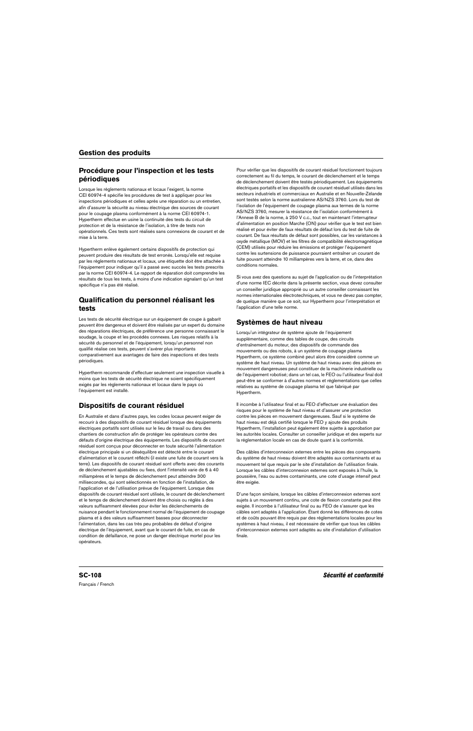 Qualification du personnel réalisant les tests, Dispositifs de courant résiduel, Systèmes de haut niveau | Hypertherm 80669C Rev.2 User Manual | Page 108 / 304