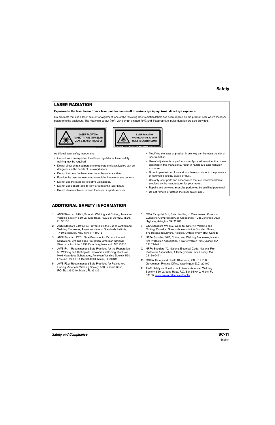 Laser radiation, Additional safety information, Safety laser radiation | Safety and compliance sc-11 | Hypertherm 80669C Rev.2 User Manual | Page 11 / 304