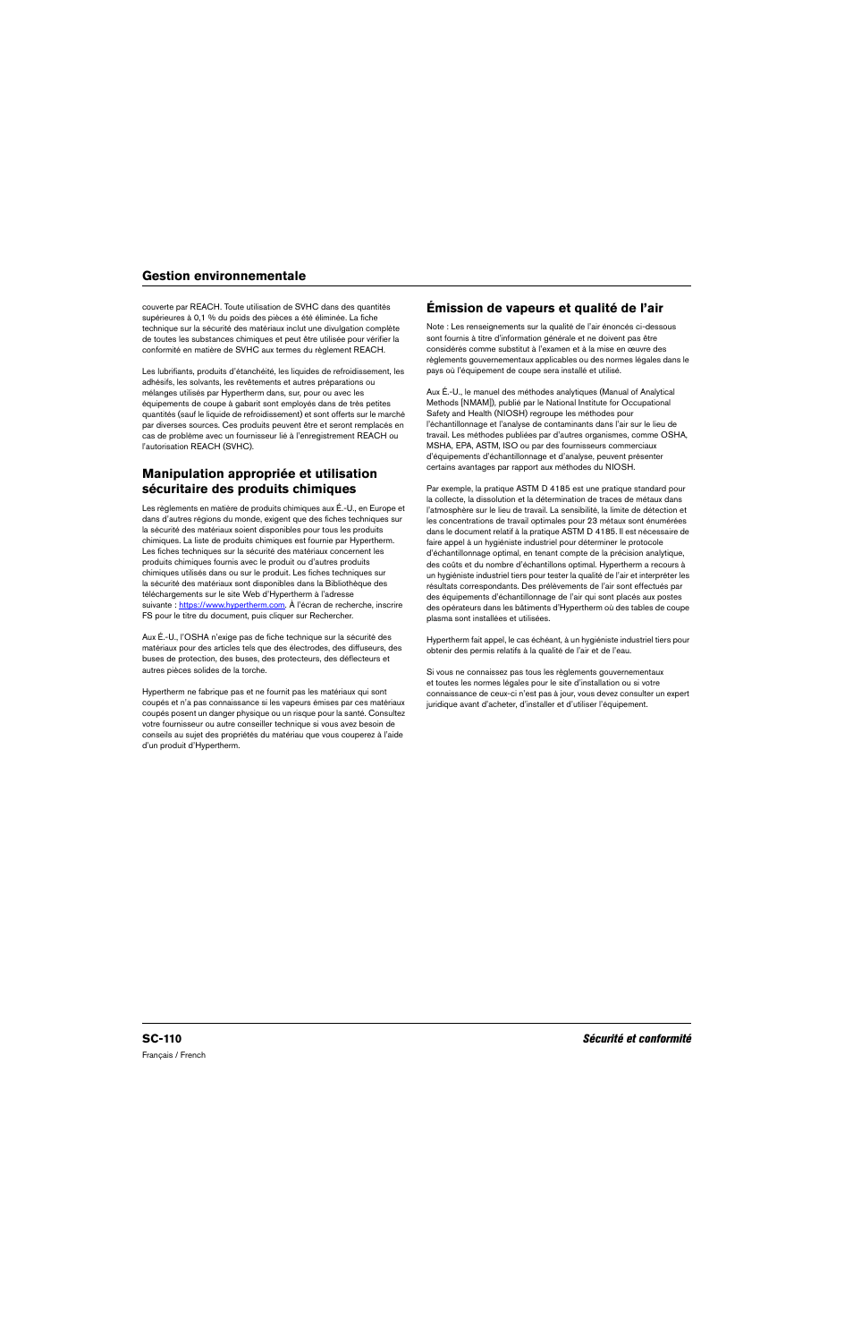 Émission de vapeurs et qualité de l’air, Gestion environnementale | Hypertherm 80669C Rev.2 User Manual | Page 110 / 304