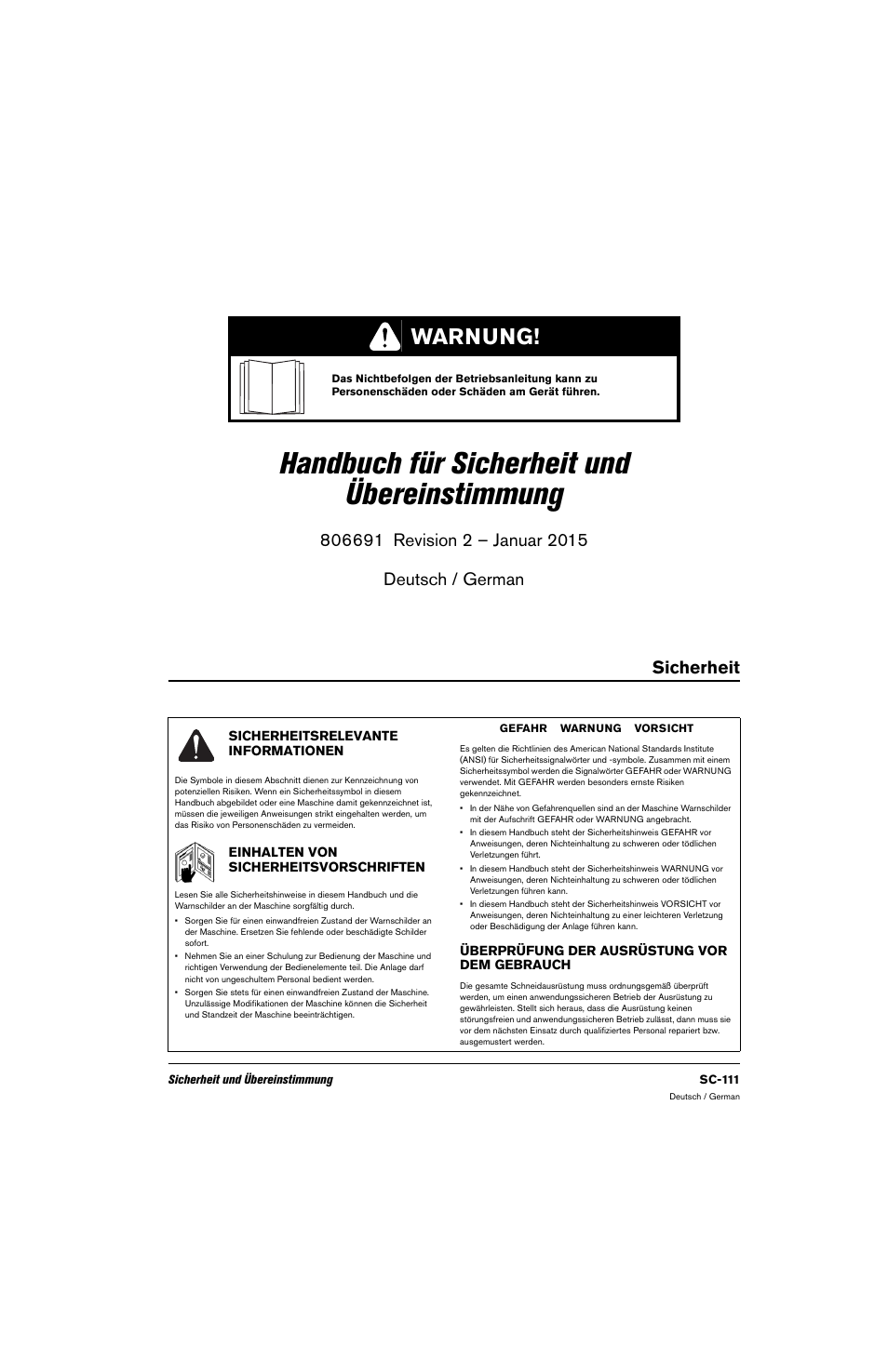 Deutsch / german, Sicherheit, Sicherheitsrelevante informationen | Überprüfung der ausrüstung vor dem gebrauch, Einhalten von sicherheitsvorschriften, Handbuch für sicherheit und übereinstimmung, Warnung | Hypertherm 80669C Rev.2 User Manual | Page 111 / 304