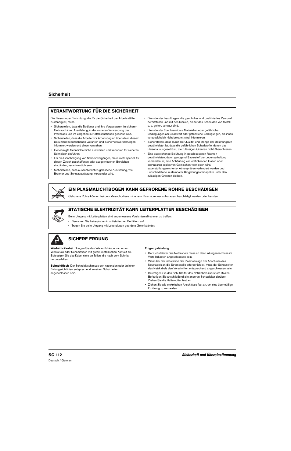 Verantwortung für die sicherheit, Sichere erdung, Sicherheit verantwortung für die sicherheit | Hypertherm 80669C Rev.2 User Manual | Page 112 / 304