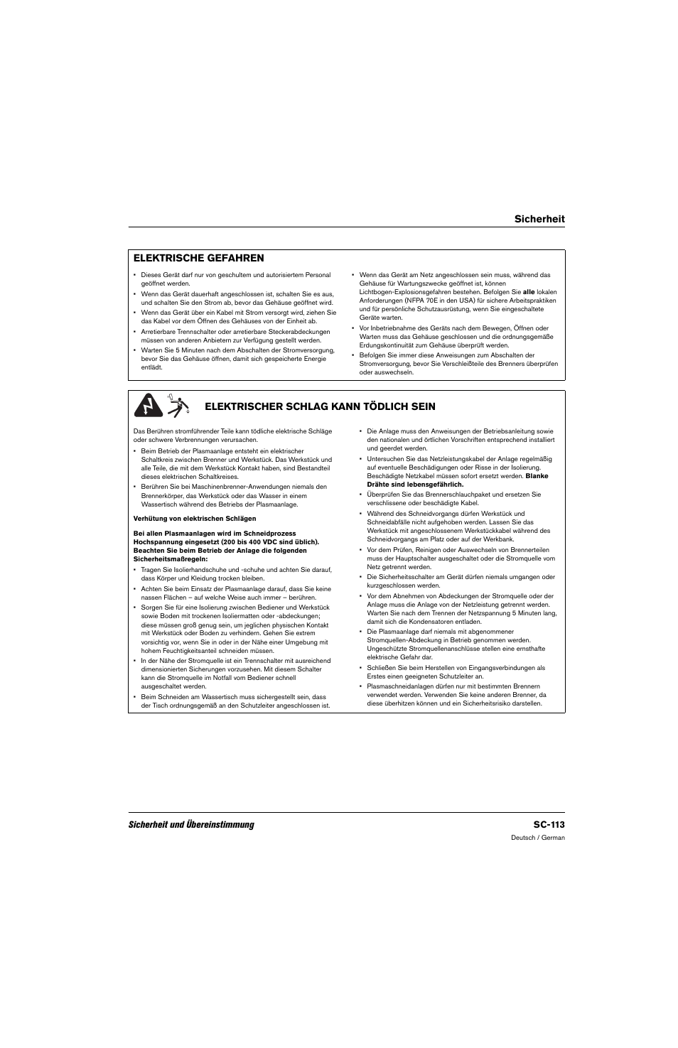 Elektrische gefahren, Elektrischer schlag kann tödlich sein, Sicherheit elektrische gefahren | Sicherheit und übereinstimmung sc-113 | Hypertherm 80669C Rev.2 User Manual | Page 113 / 304