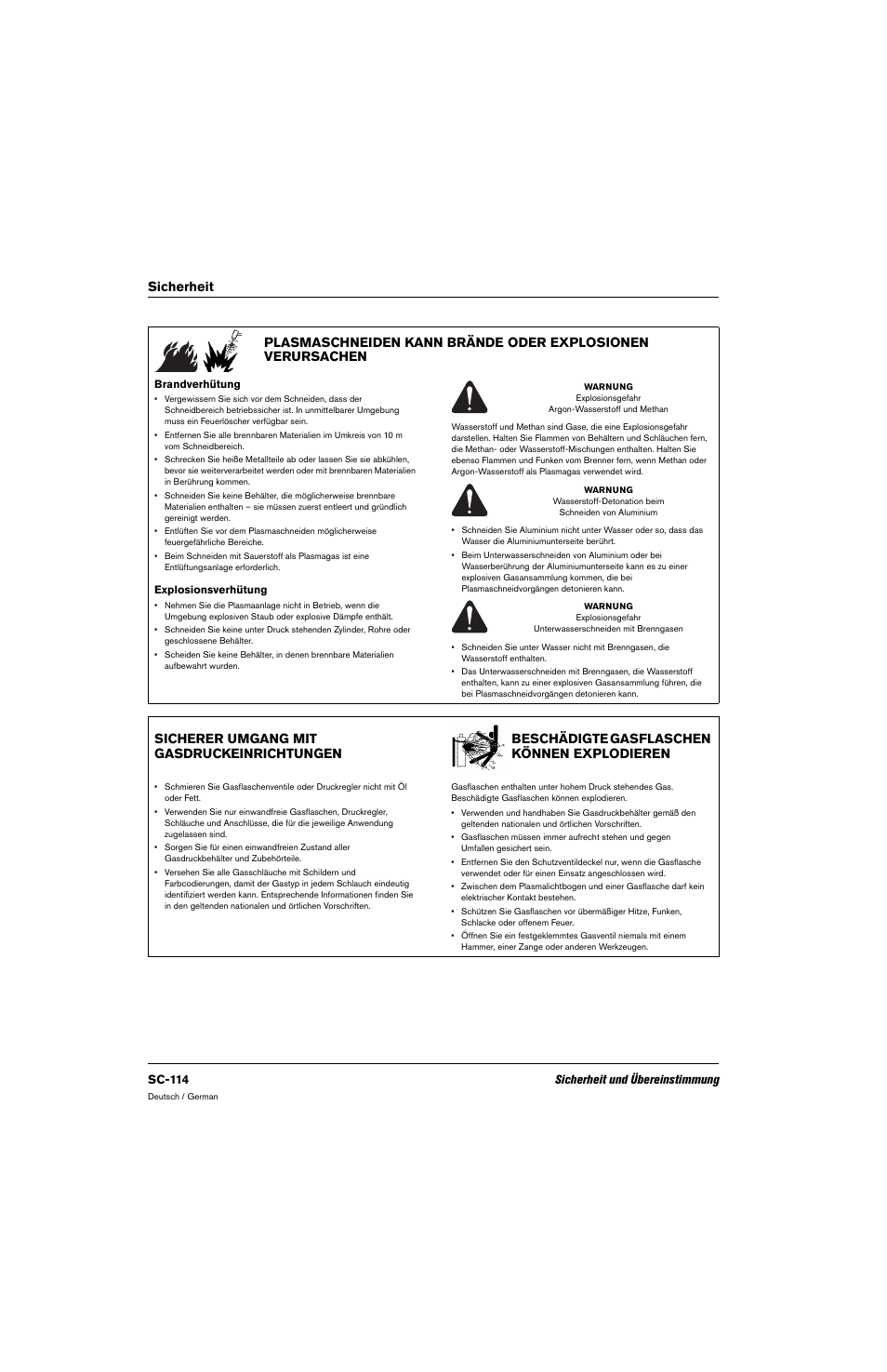 Brandverhütung, Explosionsverhütung, Sicherer umgang mit gasdruckeinrichtungen | Beschädigte gasflaschen können explodieren, Sc-114 sicherheit und übereinstimmung | Hypertherm 80669C Rev.2 User Manual | Page 114 / 304