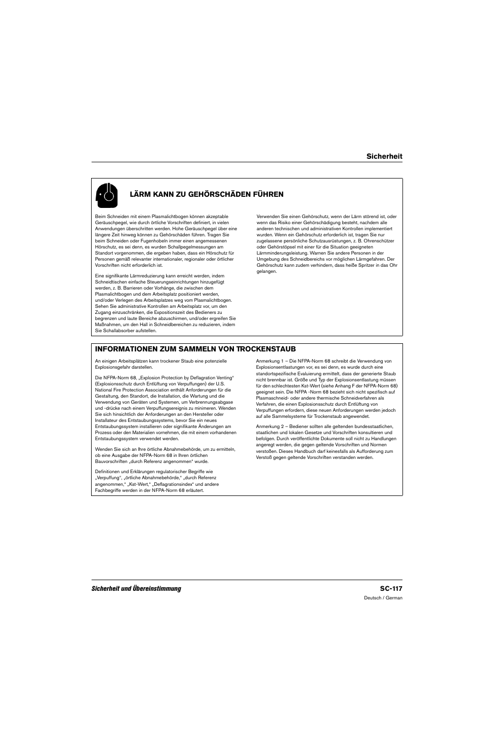 Lärm kann zu gehörschäden führen, Informationen zum sammeln von trockenstaub, Sicherheit lärm kann zu gehörschäden führen | Hypertherm 80669C Rev.2 User Manual | Page 117 / 304