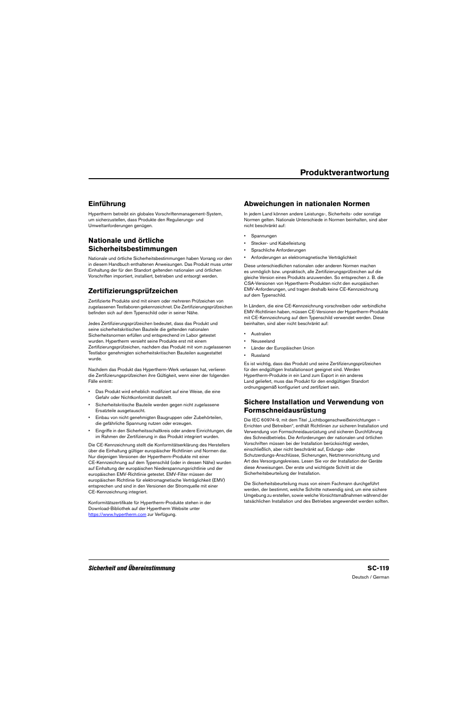 Produktverantwortung, Einführung, Nationale und örtliche sicherheitsbestimmungen | Zertifizierungsprüfzeichen, Abweichungen in nationalen normen | Hypertherm 80669C Rev.2 User Manual | Page 119 / 304