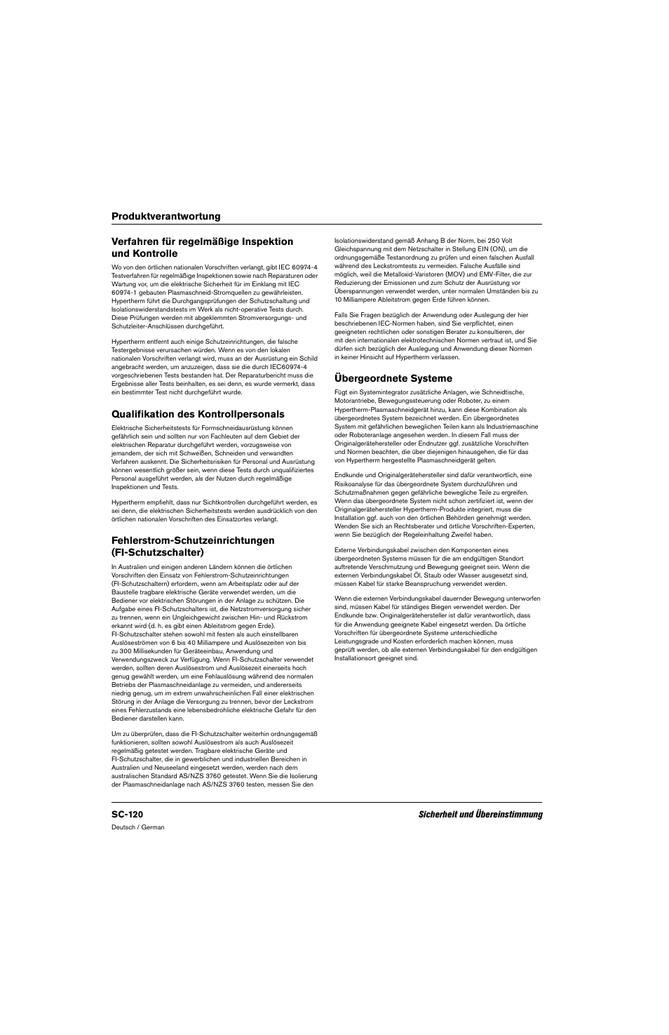 Verfahren für regelmäßige inspektion und kontrolle, Qualifikation des kontrollpersonals, Übergeordnete systeme | Hypertherm 80669C Rev.2 User Manual | Page 120 / 304