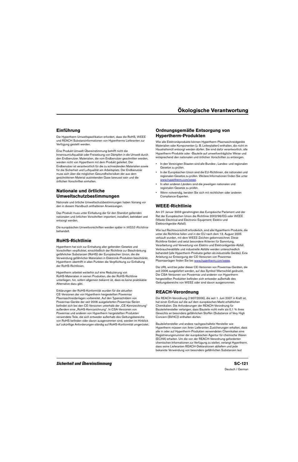 Ökologische verantwortung, Einführung, Nationale und örtliche umweltschutzbestimmungen | Rohs-richtlinie, Ordnungsgemäße entsorgung von hypertherm-produkten, Weee-richtlinie, Reach-verordnung | Hypertherm 80669C Rev.2 User Manual | Page 121 / 304