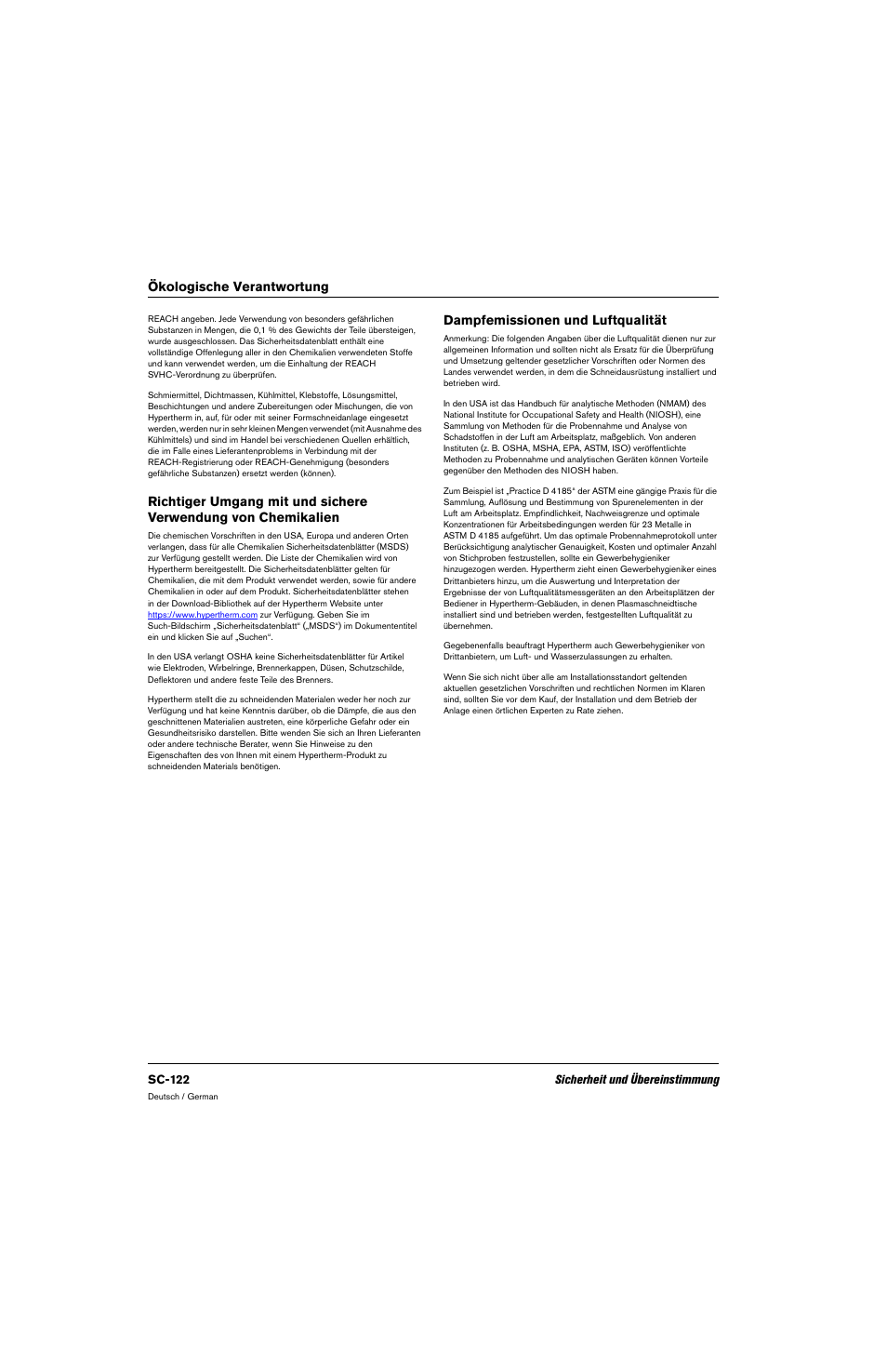 Dampfemissionen und luftqualität, Ökologische verantwortung | Hypertherm 80669C Rev.2 User Manual | Page 122 / 304