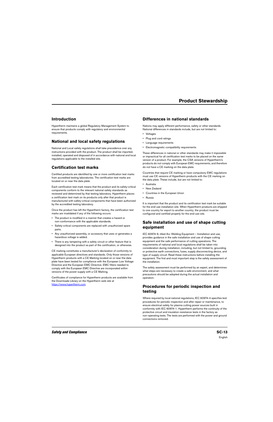 Product stewardship, Introduction, National and local safety regulations | Certification test marks, Differences in national standards, Procedures for periodic inspection and testing | Hypertherm 80669C Rev.2 User Manual | Page 13 / 304