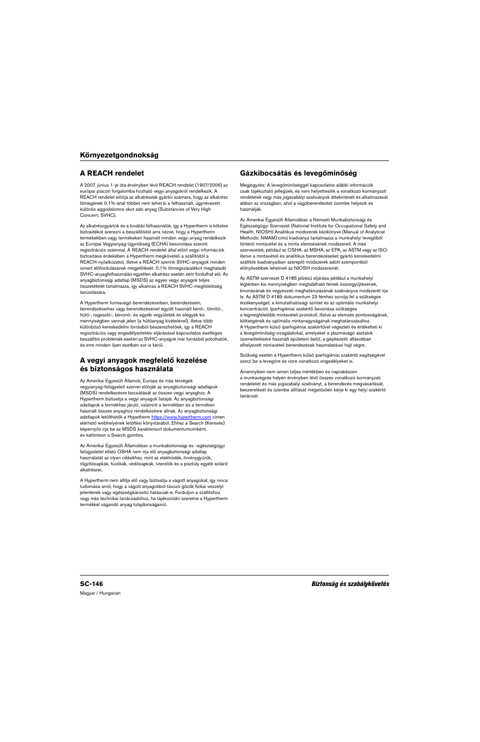 A reach rendelet, Gázkibocsátás és levegőminőség, Környezetgondnokság a reach rendelet | Hypertherm 80669C Rev.2 User Manual | Page 146 / 304