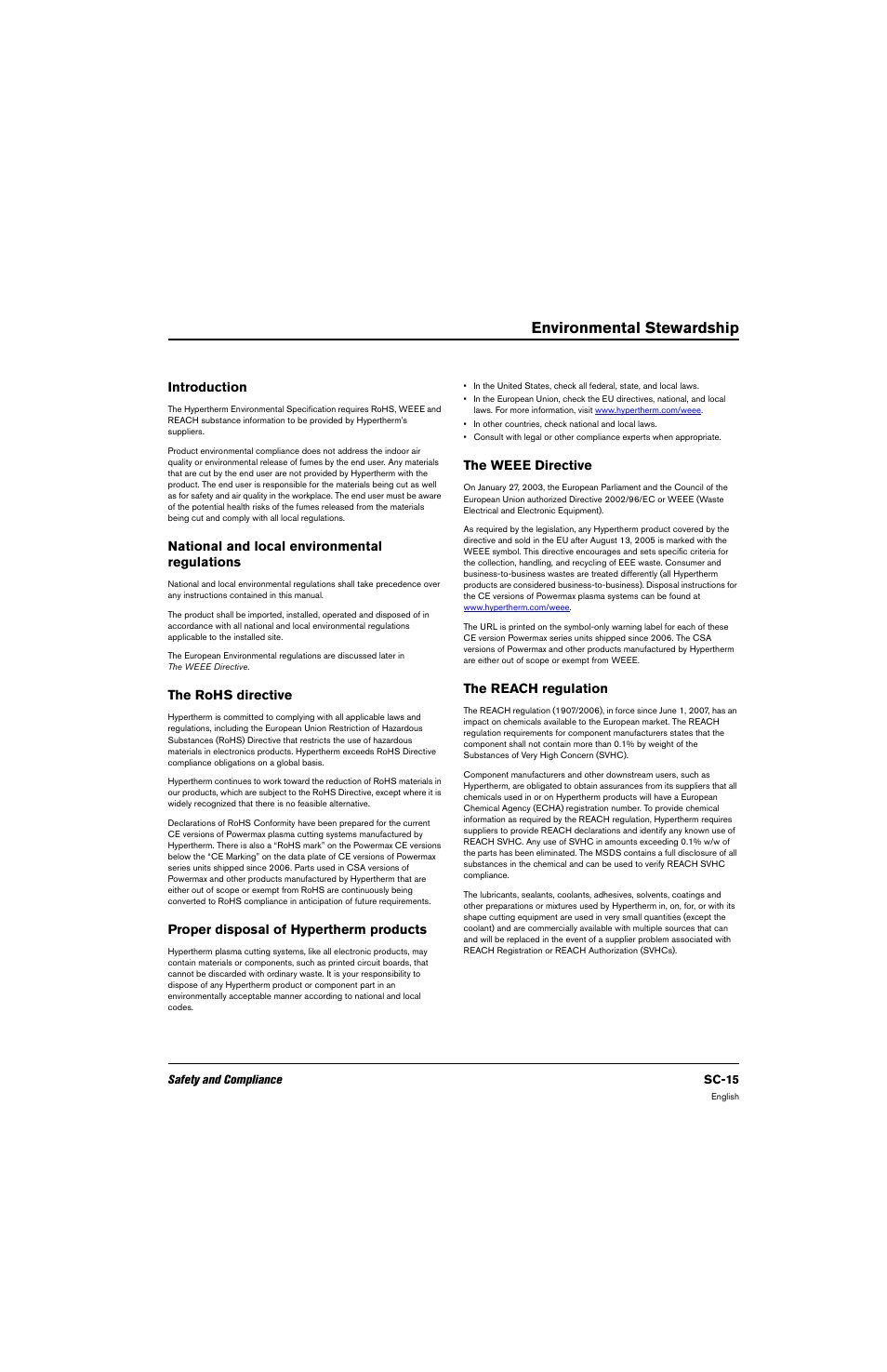 Environmental stewardship, Introduction, National and local environmental regulations | The rohs directive, Proper disposal of hypertherm products, The weee directive, The reach regulation | Hypertherm 80669C Rev.2 User Manual | Page 15 / 304