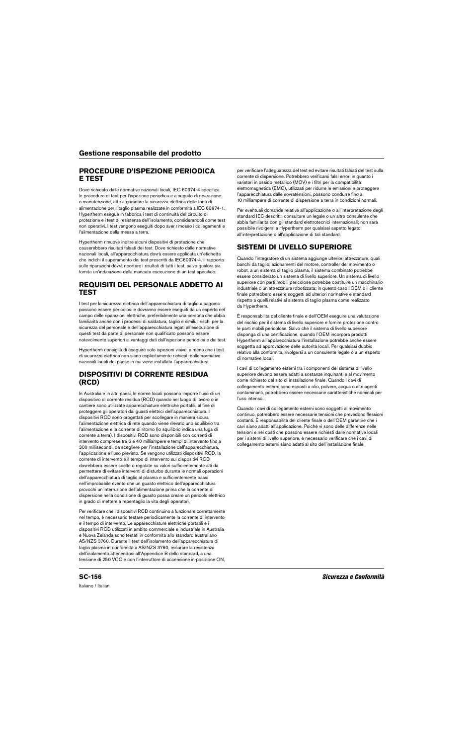 Procedure d’ispezione periodica e test, Requisiti del personale addetto ai test, Dispositivi di corrente residua (rcd) | Sistemi di livello superiore | Hypertherm 80669C Rev.2 User Manual | Page 156 / 304