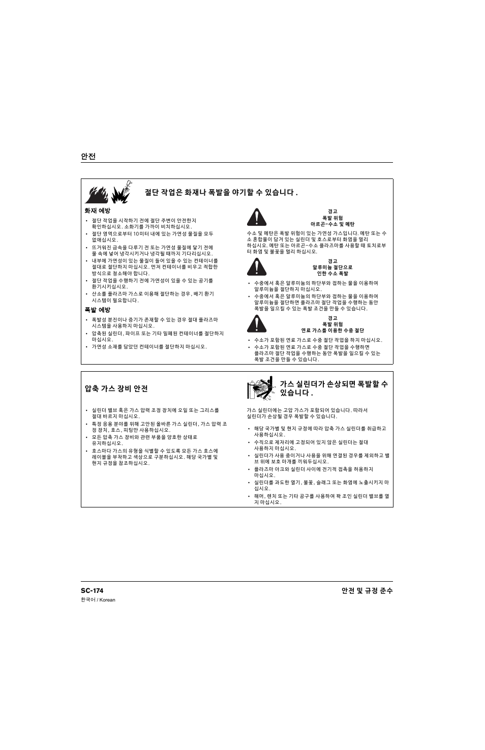 절단 작업은 화재나 폭발을 야기할 수 있습니다, 화재 예방, 폭발 예방 | 압축 가스 장비 안전, 가스 실린더가 손상되면 폭발할 수 있습니다, 안怪 절단 작업은 화재나 폭발을 야기할 수 있습니다, 압축 가스 장비 안전 가스 실린더가 손상되면 폭발할 수 있습니다, Sc-174 안전 및 규정 준수 | Hypertherm 80669C Rev.2 User Manual | Page 174 / 304