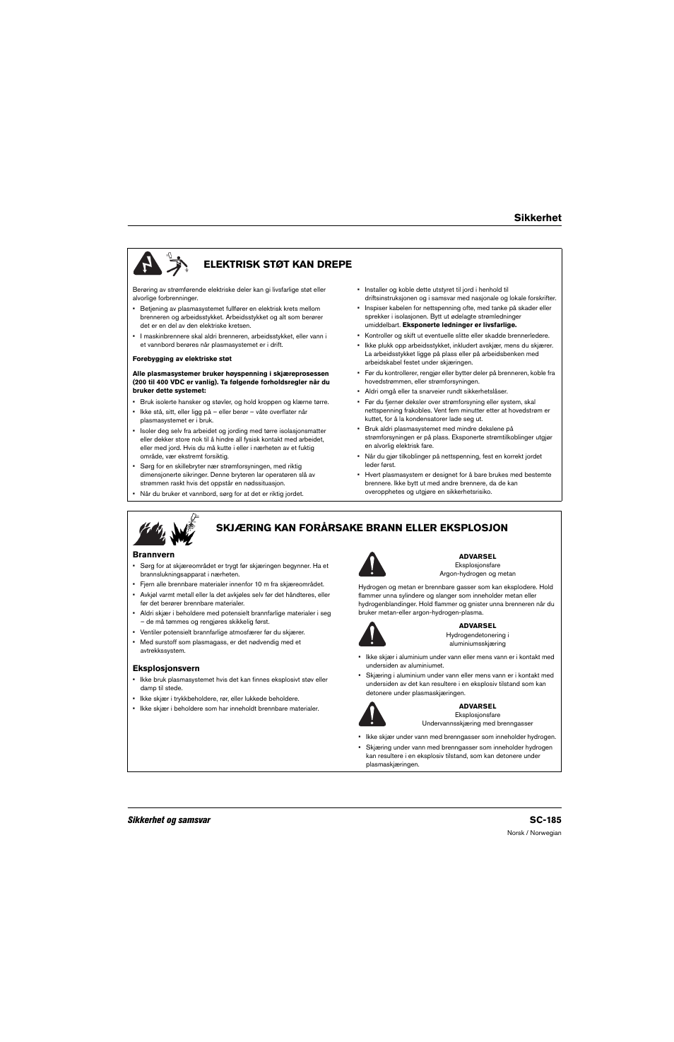 Elektrisk støt kan drepe, Skjæring kan forårsake brann eller eksplosjon, Brannvern | Eksplosjonsvern, Sikkerhet elektrisk støt kan drepe, Sikkerhet og samsvar sc-185 | Hypertherm 80669C Rev.2 User Manual | Page 185 / 304