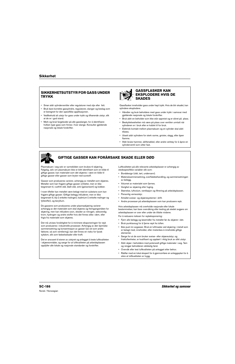 Sikkerhetsutstyr for gass under trykk, Gassflasker kan eksplodere hvis de skades, Giftige gasser kan forårsake skade eller død | Sc-186 sikkerhet og samsvar | Hypertherm 80669C Rev.2 User Manual | Page 186 / 304